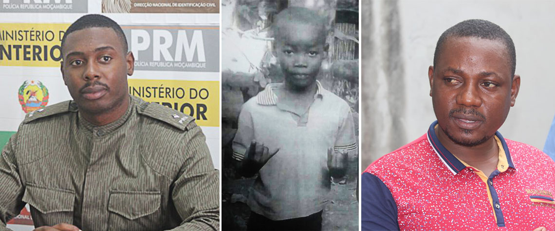Sidner Londzo, Porta-Voz da PRM na Zambézia (a esquerda), Gil Almeida, o menino de oito anos de idade assassinado (no centro), Élias Durão, o suposto mandante do crime detido pela PRM (a direita)