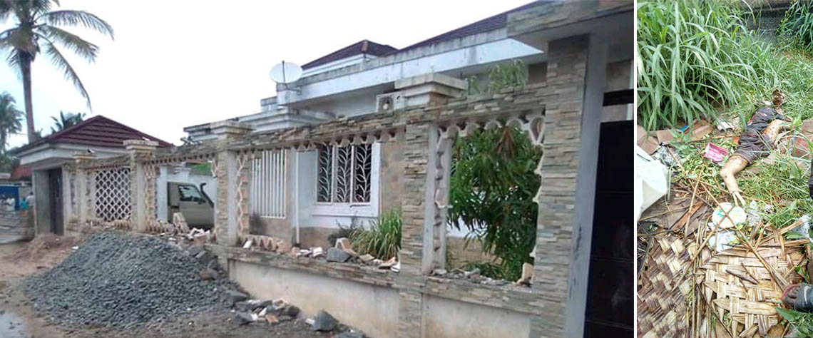 Residência de Élias Durão vandalizada parcialmente pela população (a esquerda), restos mortais do menino encontrados numa lixeira em Quelimane (a direita)
