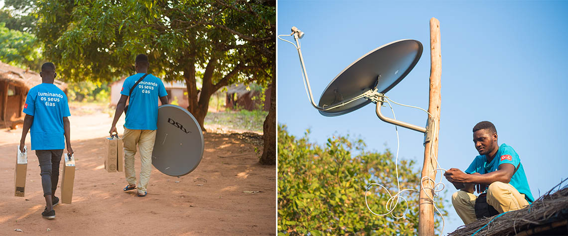 Técnicos da Fenix carregando kits de TV a caminho de mais uma instalação ( a esquerda) Técnico da Fenix procedendo a montagem de um antena parabólica (a direita)